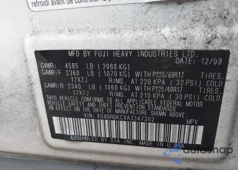 2010 Subaru Outback 2.5I Limited from USA, damaged, VIN 4S4BRBKCXA3347302